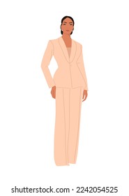 Stylish black business woman. African American girl standing in formal outfit - suit and high heels. Business lady in modern office look. Vector realistic illustration isolated on white background