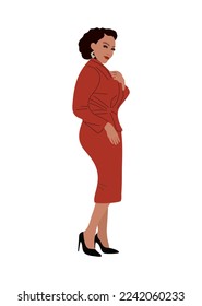Stylish black business woman. African American girl standing in office outfit - red dress and high heels. Business lady in retro look. Vector realistic illustration isolated on white background