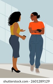 Stylish black business women wearing modern smart casual outfit standing with digital tablet and coffee cup in modern office interior, having meeting, conversation. Colorful flat vector illustration