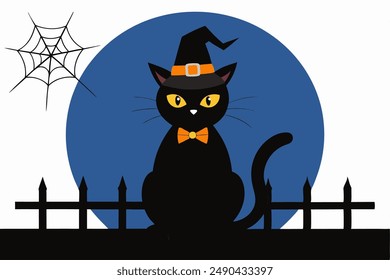 Stylish black cat in a spider-themed hat, perfect for Halloween. Fun and spooky vector illustration, ideal for festive designs and decorations