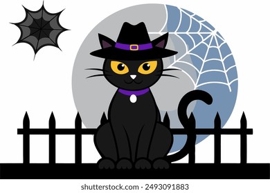 Stylish black cat in a spider-themed hat, perfect for Halloween. Fun and spooky vector illustration, ideal for festive designs and decorations