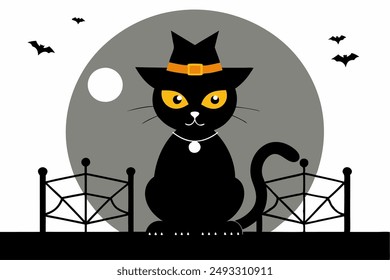 Stylish black cat in a spider-themed hat, perfect for Halloween. Fun and spooky vector illustration, ideal for festive designs and decorations