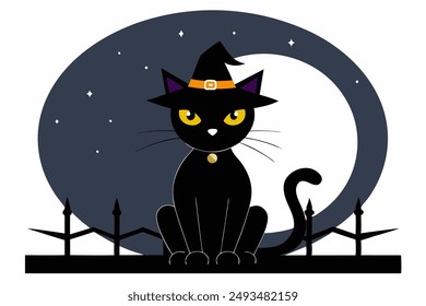 Stylish black cat in a spider-themed hat, perfect for Halloween. Fun and spooky vector illustration, ideal for festive designs and decorations