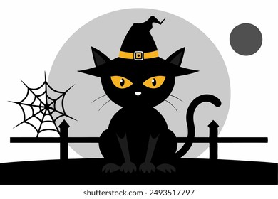 Stylish black cat in a spider-themed hat, perfect for Halloween. Fun and spooky vector illustration, ideal for festive designs and decorations