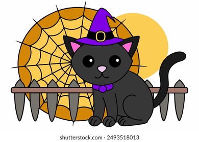 Stylish black cat in a spider-themed hat, perfect for Halloween. Fun and spooky vector illustration, ideal for festive designs and decorations