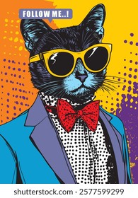 Stylish black cat wearing yellow sunglasses and red bowtie on colorful pop art background. Fashion concept, vector illustration
