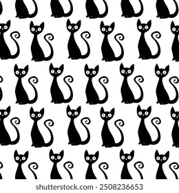 Stylish black cats seamless pattern. Witch cats on white background.  Vector background for any use.  Illustration for print design, fabric, textil. Vector illustration.