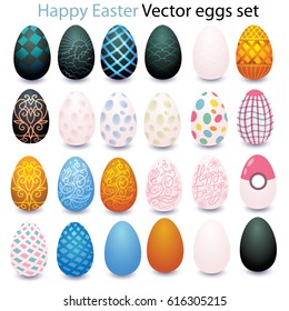 Stylish black eggs for happy Easter. Happy Easter spring holiday. Set of Easter eggs with different texture on a white background. Happy easter eggs. Demountable Vector Illustration.