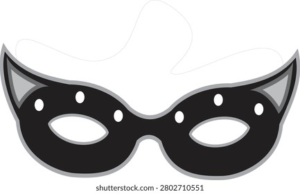 Stylish black eye mask, cat eye shape, decorated with white dots and silver outline, masquerade ball accessory, costume element, isolated on white.