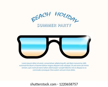 Stylish black eyeglass frame with reflection of coastline beach and blue sky panorama