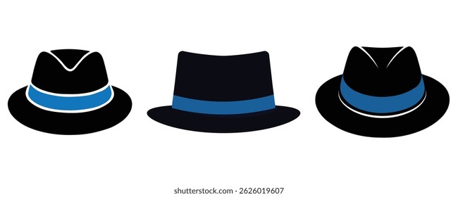 Stylish Black Fedora Hats with Blue Bands – Vector Set of Classic Mens Vintage Headwear for Father’s Day Design Projects