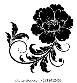 Stylish black floral illustration featuring detailed petals and swirling curves, perfect for decorative or artistic purposes.