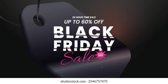 A stylish Black Friday sale design with a dark background featuring a matte price tag element, soft lighting effects, and a bold, modern layout with contrasting pink highlights.