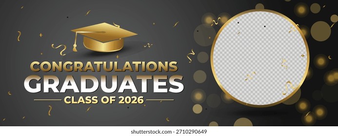 Elegante preto e dourado Classe de banner 2026 com elementos de decoração circulares e tipografia moderna