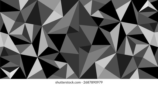 Stylish black and gray low poly geometric background with modern 3D triangular shapes. Perfect for technology themes, web design, posters, and elegant minimalist branding visuals