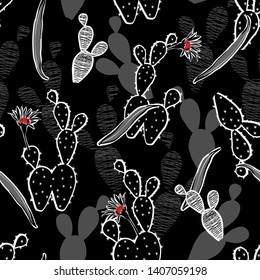 Stylish black Hand drawn cactus and blooming tropical with leaves garden seamless pattern on black background color