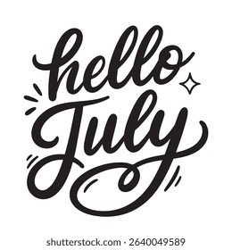Stylish black hand drawn calligraphy of Hello July with decorative swirls and sparkles, perfect for seasonal greeting cards, social media posts, and summer-themed designs.