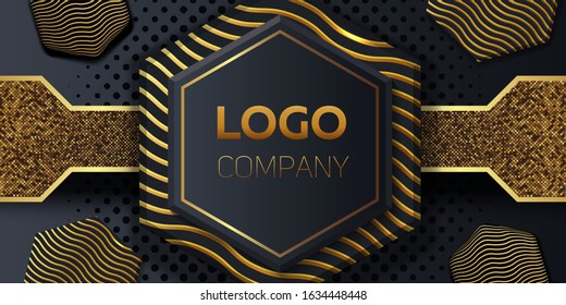 Stylish black hexagonal background for logo placement. Golden rhombuses with wavy lines
