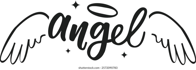 Stylish black lettering spelling the word angel featuring angel wings and halo with sparkling stars, ideal for religious or spiritual designs