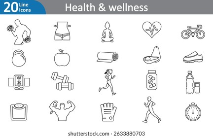 A stylish black line art vector set featuring a wide range of health and wellness elements, including icons and illustrations related to fitness, nutrition, mental health, meditation.