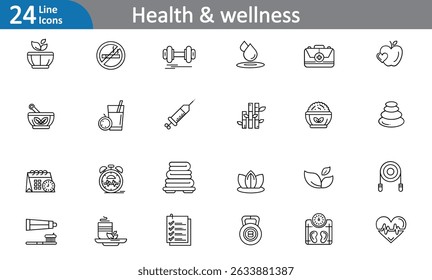 A stylish black line art vector set featuring a wide range of health and wellness elements, including icons and illustrations related to fitness, nutrition, mental health, meditation.