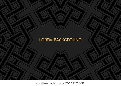 Fundo lorem preto elegante, design de capa tribal, banner. Padrão 3D geométrico. Enfeites em relevo, feitos à mão. Estilo boho étnico. Etnia do Leste, Ásia, Índia, México, Asteca, Peru.