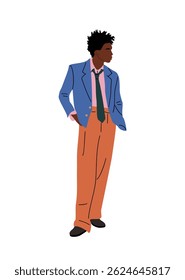 Stylish black man in a blue jacket and orange pants stands with his hands in his pockets. Handsome african american male character flat vector colorful illustration isolated on white background