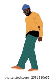 Stylish black man walking in modern casual street fashion urban clothes. Side view flat colorful vector illustration isolated on white background