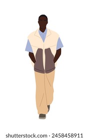 Stylish black man wearing summer street fashion outfit walking. Vector realistic illustration isolated on white background.