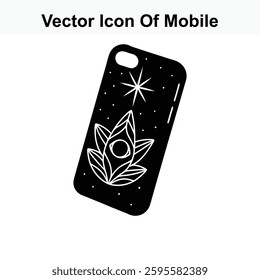 Stylish Black Mobile Phone Case with Celestial Eye and Leaf Design Vector Icon