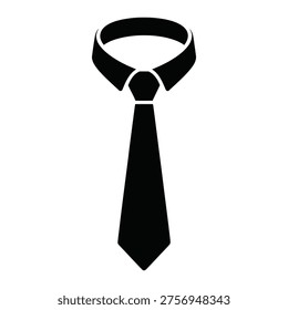 A stylish black necktie with a classic windsor knot displayed prominently against a plain background