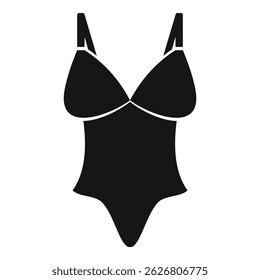 Stylish black one piece swimsuit icon in minimalist monochrome vector illustration for women's swimwear fashion. Perfect for beachside leisure and trendy vacation apparel