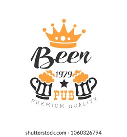 Stylish black and orange emblem for pub, restaurant or cafe. Original vector logo with crown and beer mugs with foam. Strong drink