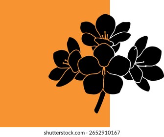 Stylish black and orange floral arrangement against a modern graphic background