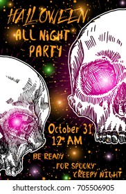 Stylish black, orange, white Halloween invitation poster or card with skulls background. Printable hand drawn Halloween greeting flyer template with space for text. Vector.