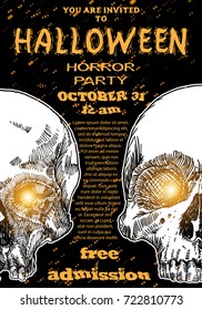 Stylish black, orange, white Halloween invitation poster or card with skulls background. Printable hand drawn Halloween greeting flyer template with space for text. Vector.