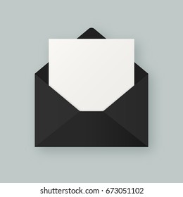 Stylish black paper vector envelope with clean white letter paper sheet with copyspace for your design. Envelope email concept.