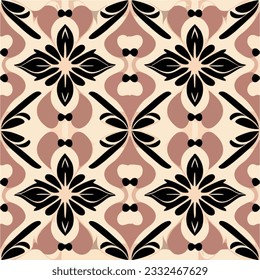 Stylish black and pink pattern on a white background, showcasing an elegant art nouveau floor design with elements of a damask pattern.