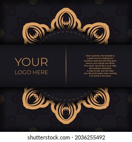 Stylish Black postcard design with vintage ornament. Vector invitation card with Greek patterns.