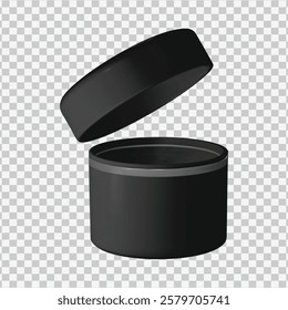 Stylish black round gift box illustration, shown both open and closed, isolated on a white background. Perfect for packaging, branding, or festive designs.