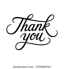 Uma fonte de script preto elegante soletra 'Thank you' em um fundo branco limpo, transmitindo gratidão.