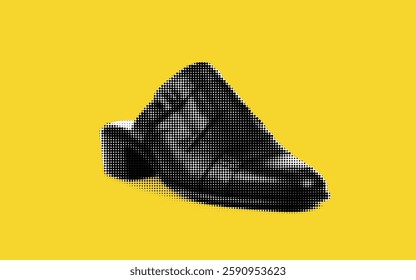 A stylish black shoe stands out prominently against a vibrant yellow background, created using a captivating halftone technique.