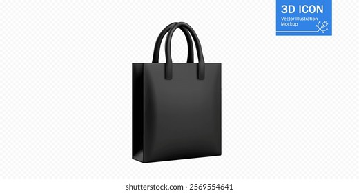 A stylish black shopping bag stands upright, showcasing its smooth surface and sturdy handles, designed for retail or branding purposes in a clean setting.