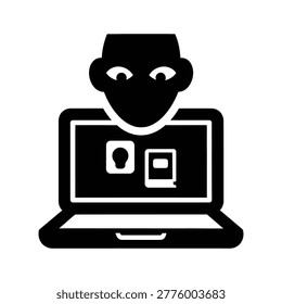 A stylish black silhouette of a hacker peering over a laptop displaying security icons like a lock and shield, representing cybersecurity and digital privacy.
