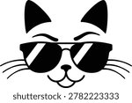 Stylish black silhouette of a smiling cat face wearing aviator-style sunglasses with lens reflections and raised eyebrows. Confident, sassy kawaii vector perfect for summer merch, kids apparel, stickers, mugs, tote bags, phone cases, pet brands, and dad joke gifts. Laid-back “too cool” vibe ideal for vinyl decals, laser cutting, sublimation, embroidery, and screen printing. Works for Cricut, Silhouette, and print-on-demand. Clean, bold lines cut and weed perfectly for craft projects and beach-themed products.
