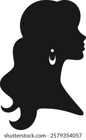 A stylish black silhouette of a woman in profile view, showcasing long flowing hair and elaborate earrings.