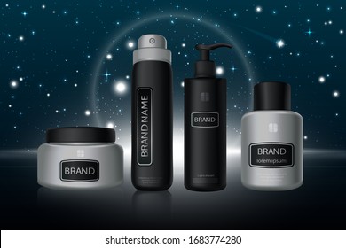 Stylish black and silver cosmetic bottles in row realistic mockup vector illustration. Flacons stay on black surface, on background of dark stars sky. Poster, concept, composition for promotion