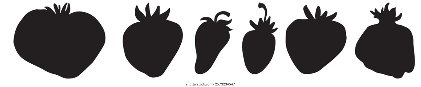 Stylish black strawberry silhouettes, ideal for logos, packaging, web design, and seasonal decor. Perfect for culinary and artistic projects.