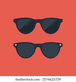 Stylish black sunglasses arranged in pairs against a vibrant coral background