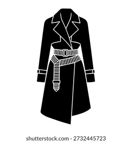 Stylish Black Trench Coat Vector Illustration with Belted Waist, Minimalist Fashion Outline of a Classic Elegant Outerwear Garment